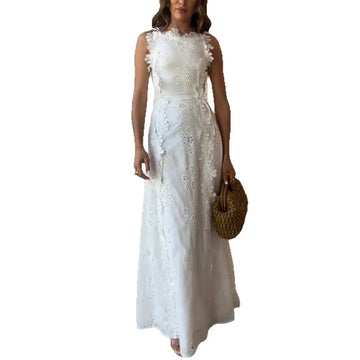 MQTIME  -  Summer New Fashion Lace Embroidery Women Strap Resort Slimming Long Dress Simple Solid Color Female Banquet Dresses